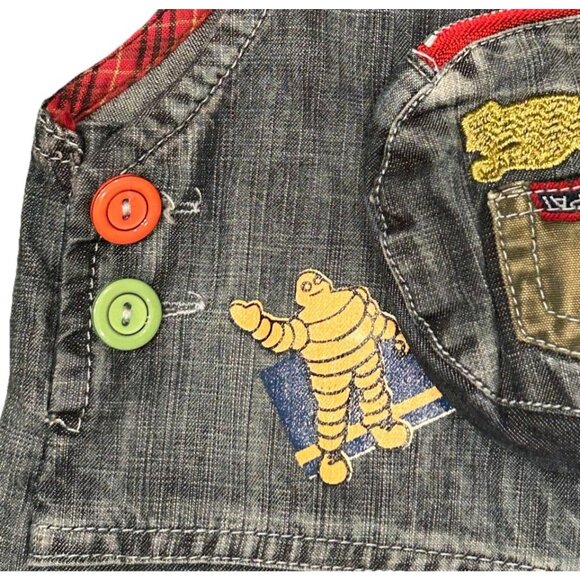 Denim Overalls Car Motif Toddler Size 2T Michelin Jaquar Odafon Shell Flannel - Picture 8 of 11